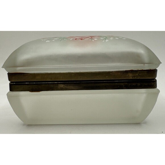 Trinket Box with Hinged Lid Brass Frosted White Hand Painted Floral Roses - Picture 3 of 9